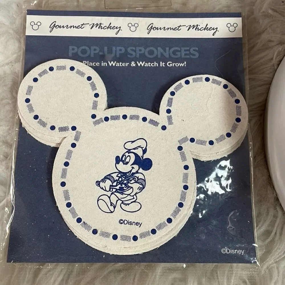 Disney Gourmet Mickey Ceramic Hot Plate 6X6 & Pop Up Kitchen Sponges Blue White